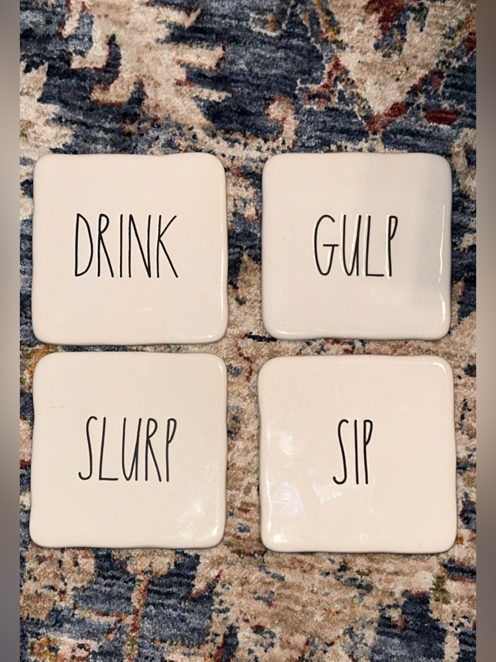 [EUC] RAE DUNN ceramic set of 4 drink coasters DRINK GULP SLURP SIP white/black